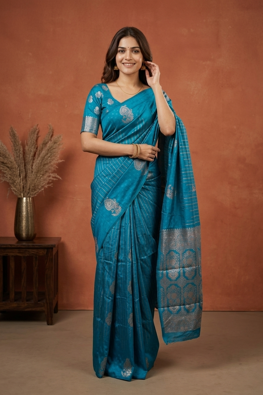 Woman in a blue saree with silver patterns against a brown background
