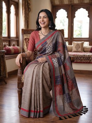 Cotton Rust Patchwork Print Chevron Border Saree
