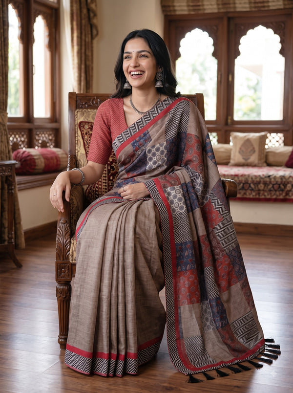 Cotton Rust Patchwork Print Chevron Border Saree
