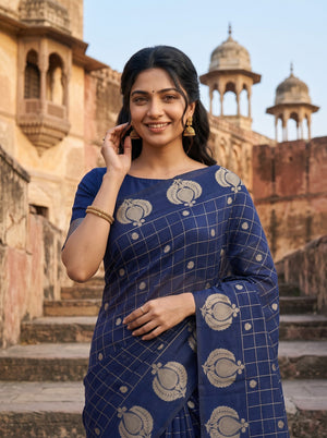 Semi Silk Navy Blue Self Check Golden Zari Booti Saree with Striped Pallu