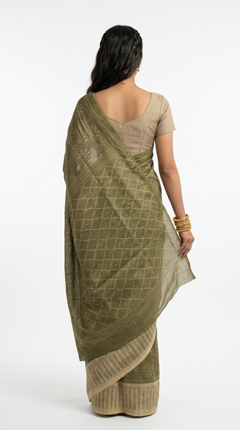 Woman in a green saree standing in an architectural setting