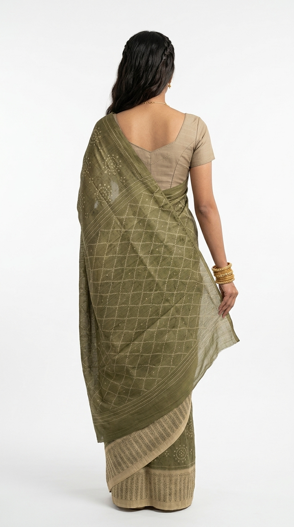 Cotton Olive Green Geometric Printed Saree