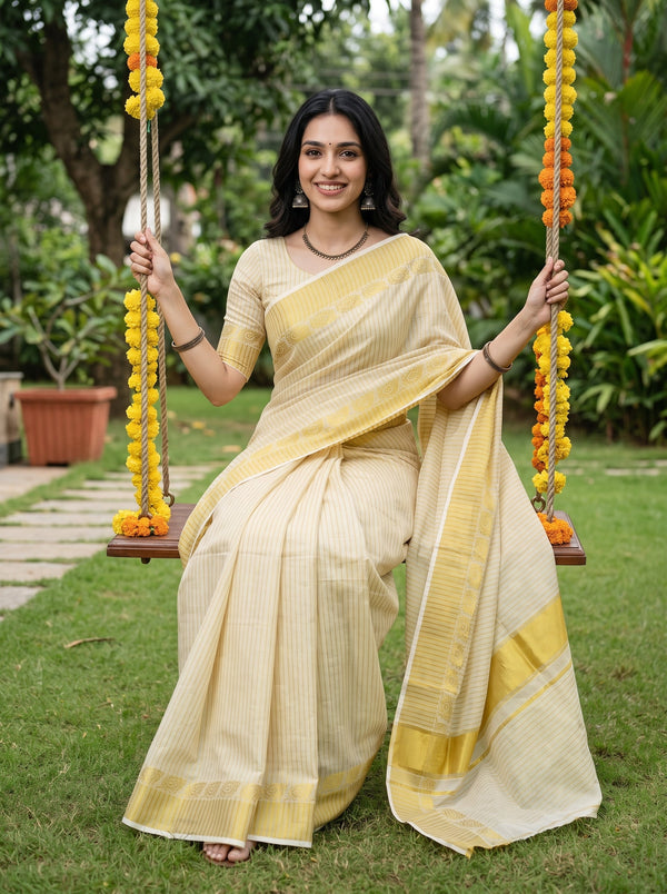 A woman wearing a cream and yellow striped cotton saree sits on a swing in a lush green garden. She is holding yellow marigold garlands, and the background features a well-maintained lawn and tropical foliage.