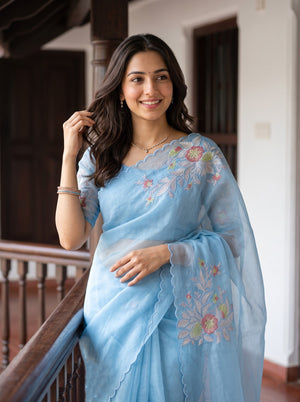 Organza Powder Blue Multicolor Floral Embroidered Saree