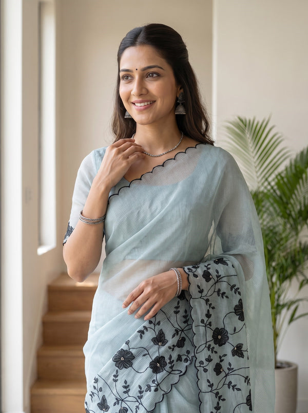 Net Kota Saree in Powder Blue with Black Floral Embroidery