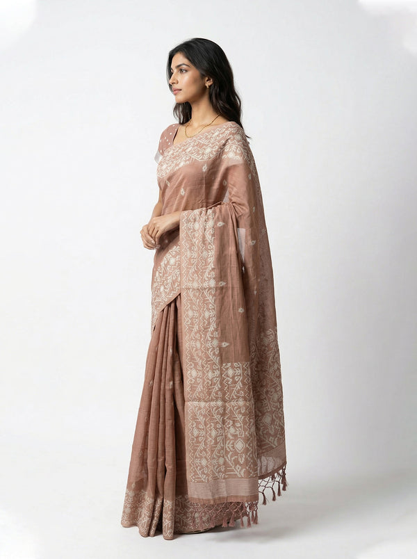 Cotton Dusty Brown Woven Border Saree