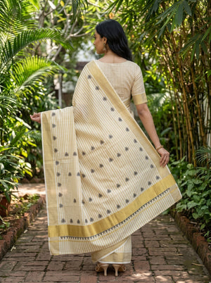 Cotton Cream Floral Butta Print Kerala Saree with Golden Zari Border