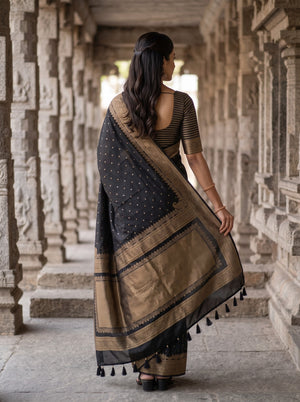 Banarasi Silk Black Golden Zari Framed Panel Saree with Tassels
