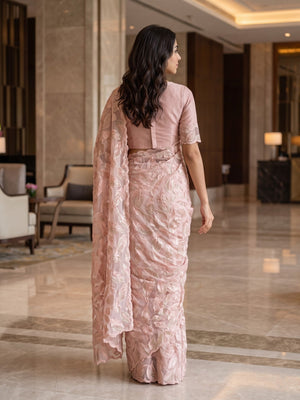 Organza Peach Saree with Golden Leaf Foliage Print
