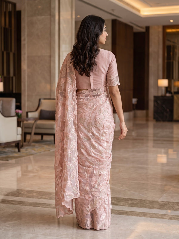 Organza Peach Saree with Golden Leaf Foliage Print
