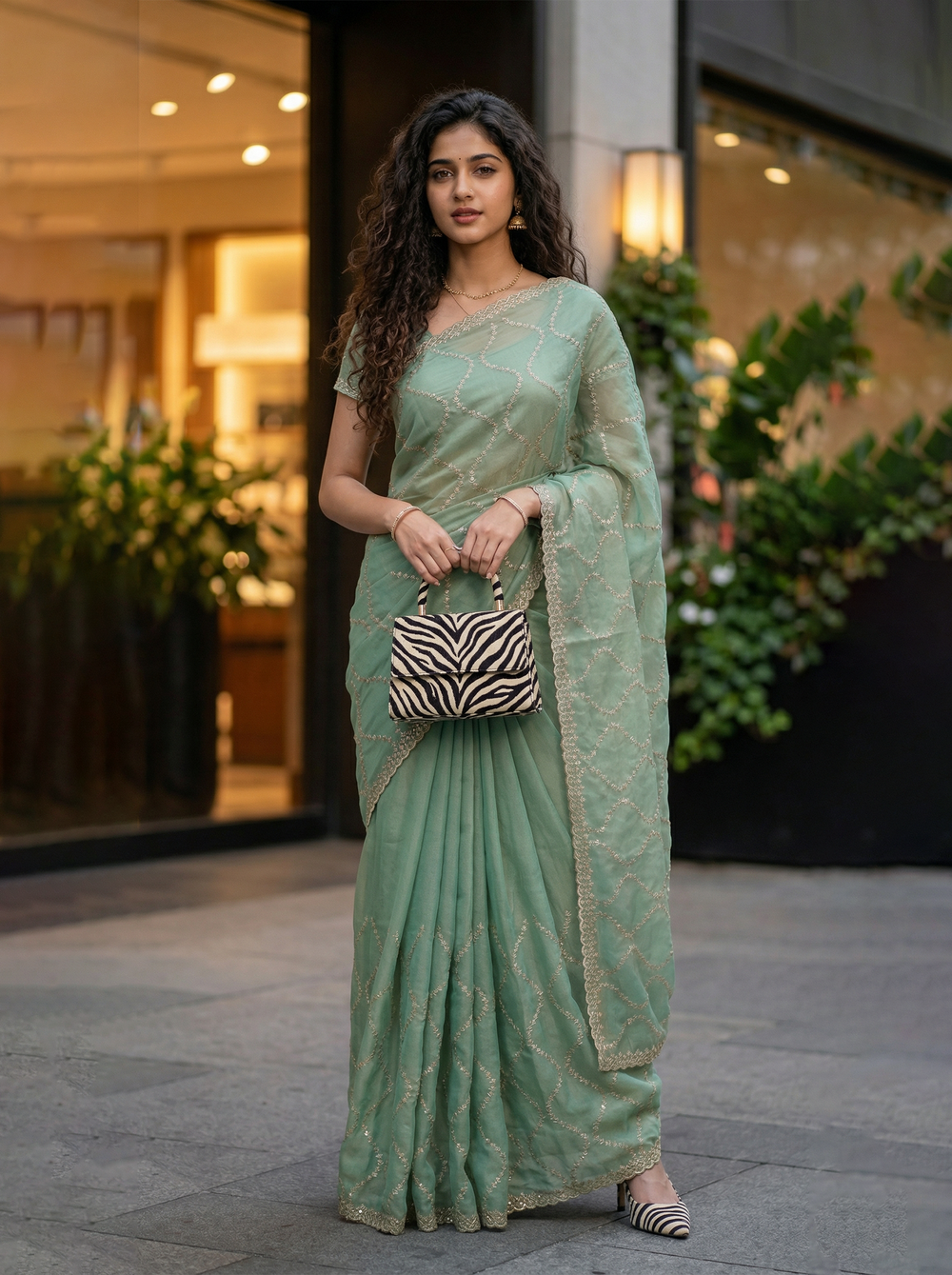 Shimmer Organza Sage Green Sequin Embroidered Trellis Saree with Scalloped Border