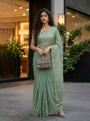 Shimmer Organza Sage Green Sequin Embroidered Trellis Saree with Scalloped Border