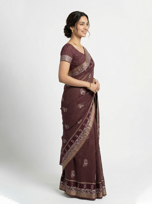 Cotton Silk Wine Maroon Checkered Floral Saree with Golden Vine Border