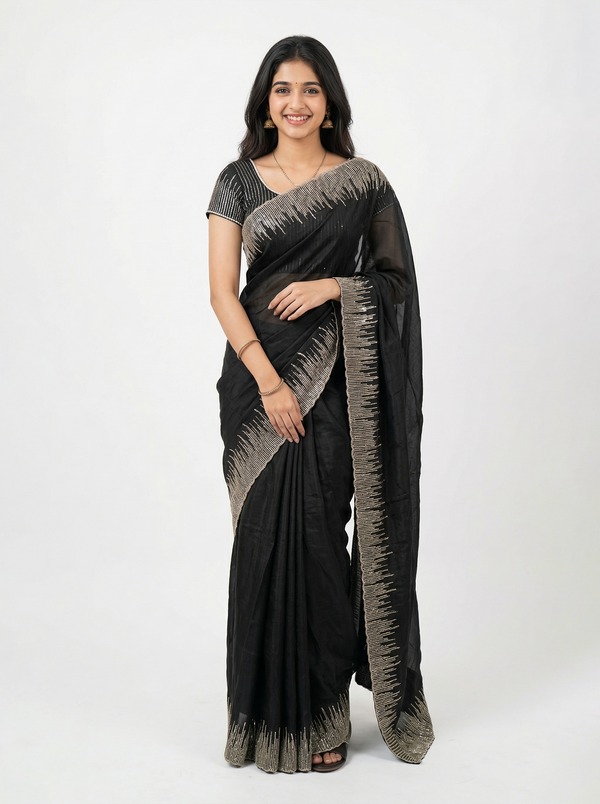 Organza Black Sequin Embellished Ombre Border Saree
