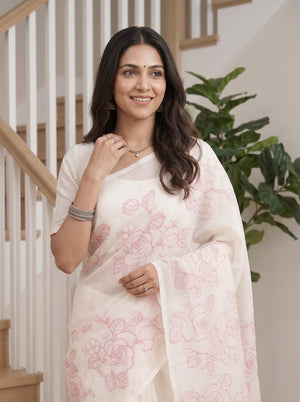 Net Kota Off-White  Saree with Pink Floral Rose Motif