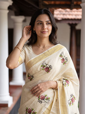 Tissue Cream Kerala Saree with Red Rose Print Pallu, Golden Zari Border