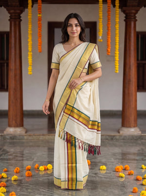Cotton Cream Kasavu Pinstripe Maroon Green Border Onam Special Set Mundu