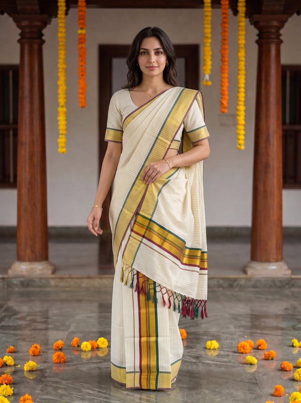 Cotton Cream Kasavu Pinstripe Maroon Green Border Onam Special Set Mundu