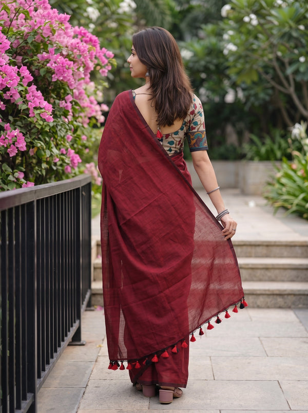 Cotton Deep Maroon Plain Weave Tasseled Saree