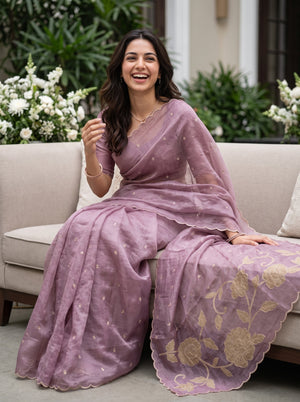 Organza Lilac Mauve Golden Rose Applique Vine Pallu Scalloped Edge Saree