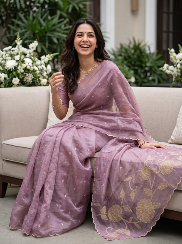 Organza Lilac Mauve Golden Rose Applique Vine Pallu Scalloped Edge Saree