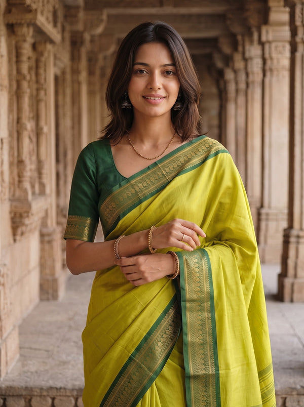 Semi Silk Yellow Saree with Green Zari Floral Border