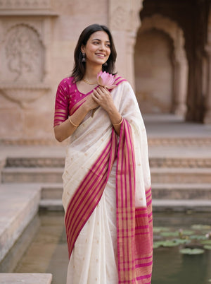 Semi Silk Cream Butta Print with Magenta Pink Zari Striped Pallu Saree