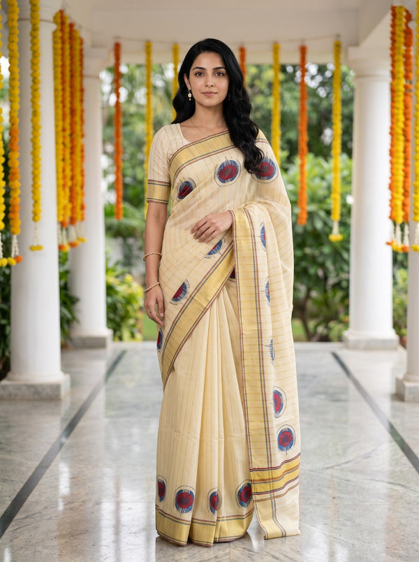 Tissue  Golden Pinstripe Circular Motif with Multi-Stripe Border Onam Special Kerala Saree