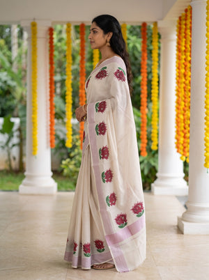 Cotton Cream Checkered Red Ixora Floral Print Onam Special Kerala Saree with Lilac Border