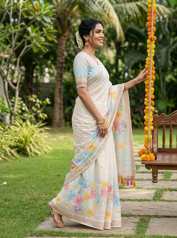 Tissue Off White Watercolor Floral Border Tassel Set Saree