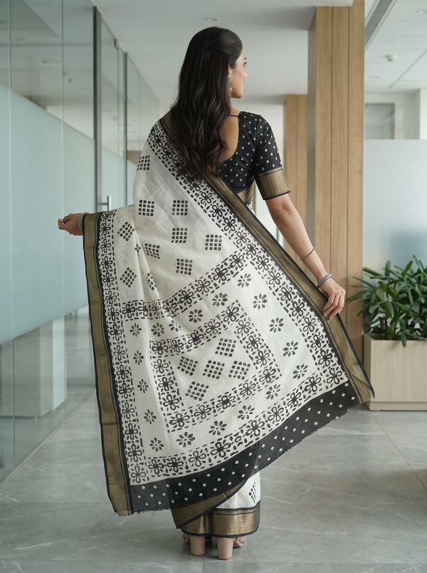 Semi Chanderi Silk White Saree with Black Diamond Floral Block Print