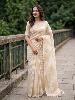 Tissue Silk Cream Striped Saree with Sequin Wave Design