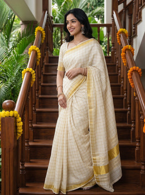 Tissue Cream Gold Checkered Onam Special Kerala Saree