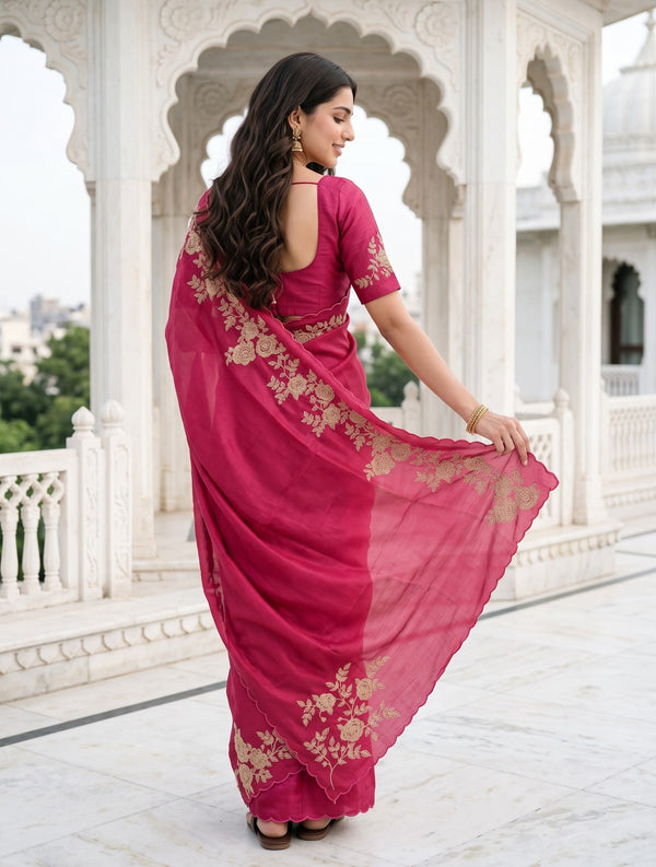 Raw Silk Rani Pink Golden Rose Vine Embroidered Pallu Saree with Scalloped