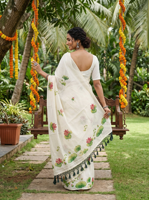 A woman wearing a white cotton saree with green lotus and pink lotus floral prints, standing on a stone path in a garden next to a wooden swing decorated with orange marigold garlands.