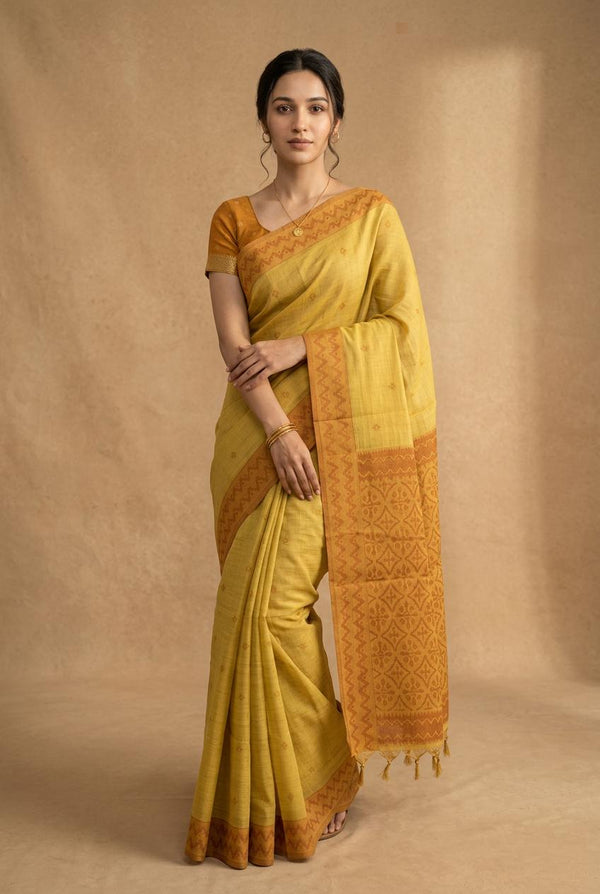 Woman wearing a yellow saree with a brown background