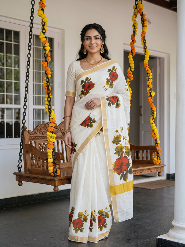 A woman wearing a white saree with red floral prints and gold borders stands on a porch beside a wooden swing decorated with yellow and orange marigold garlands.