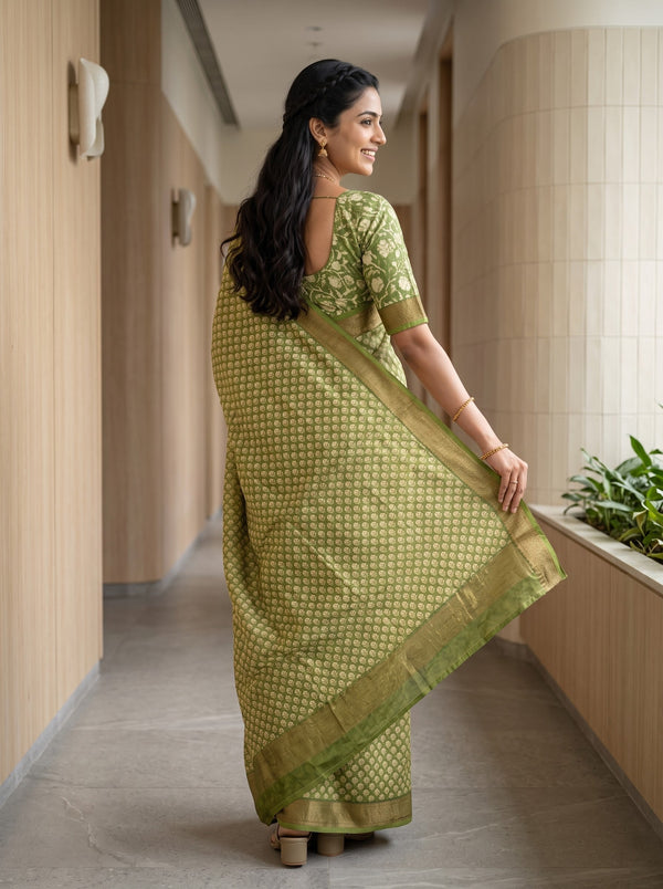 Pure Chanderi Green Saree with Golden Floral Butta Print