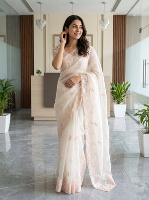 Organza White Saree with Scattered Floral Motifs and Scalloped Edge