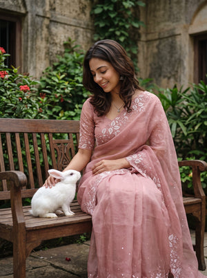 Organza Pink Saree with Sequin Embroidery and Scalloped Edge