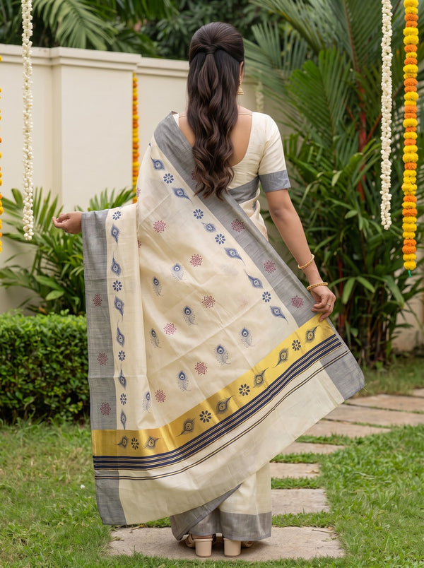 Tissue Cream Peacock Feather Floral Print Grey Border Traditional Onam Festive Kerala Saree