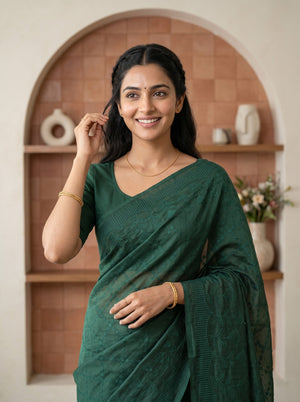 Pure Chanderi Bottle Green Saree with Embroidered Diamond Trellis