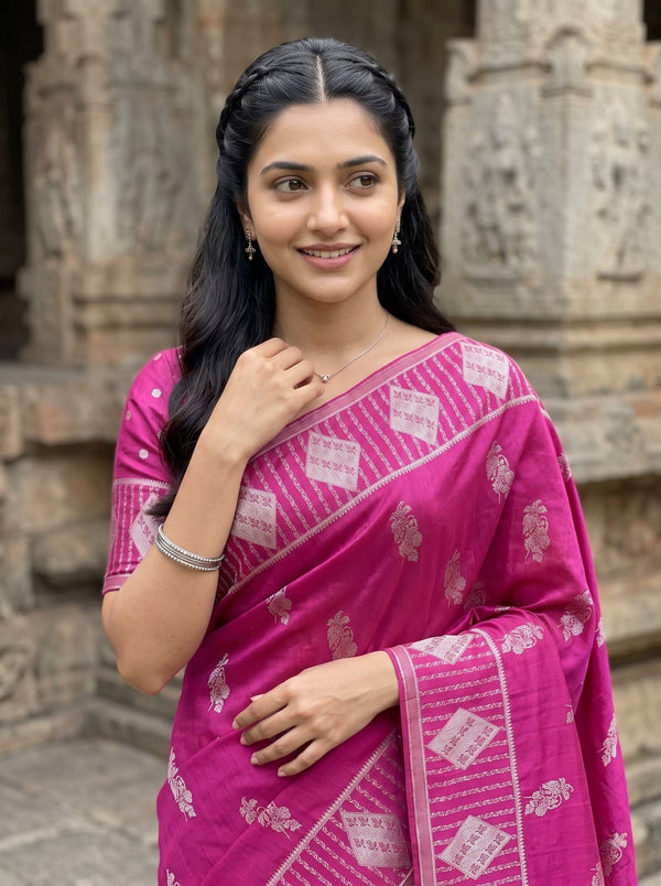 Banarasi Silk Magenta and Zari Diamond Jaal Saree