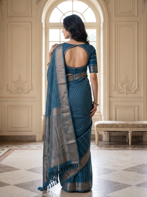Semi Silk Peacock Blue Half-Striped Half-Checkered Saree with Tassels