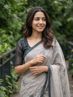 Cotton Saree in Grey with Deer & Bird Print Pallu