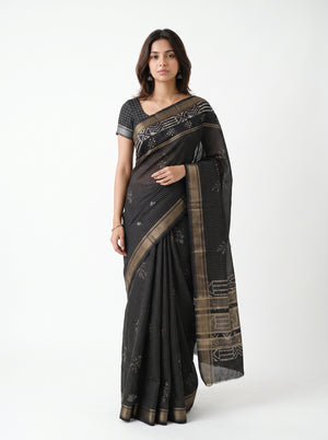 Cotton Silk Black Checkered Booti Saree with Zari Ikat Border
