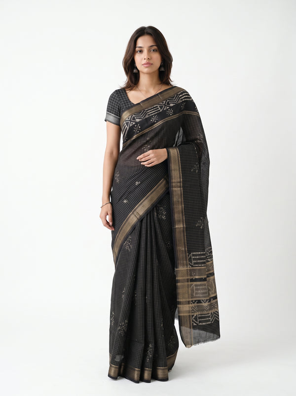 Cotton Silk Black Checkered Booti Saree with Zari Ikat Border