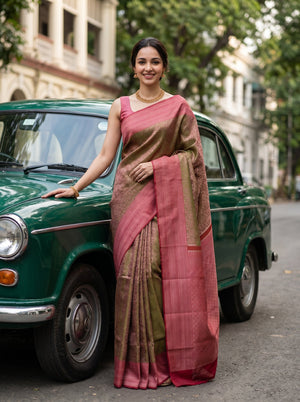 Kanjivaram Olive Green Saree with All-Over Floral Jaal Weave & Pink Contrast Border
