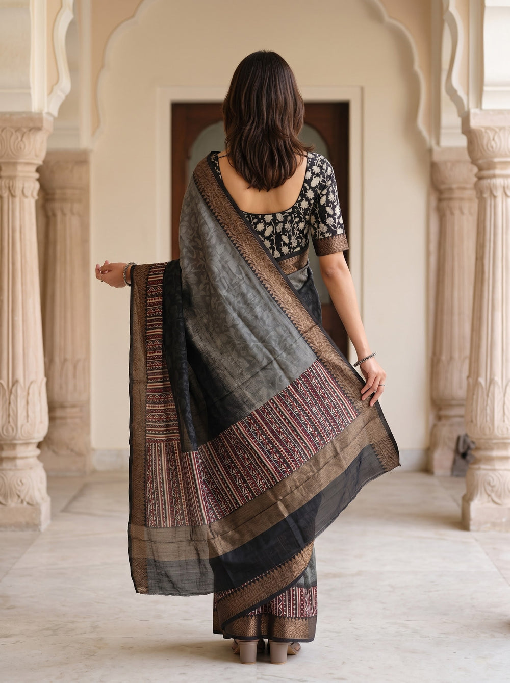 Pure Chanderi Black Olive Tribal Zigzag Print Chevron Border Saree