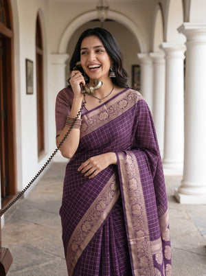 Cotton Silk Purple Golden Paisley Floral Butta Pallu Saree